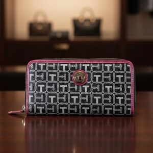 Tommy Hilfiger Monogram Continental Zip Around Wallet Pink Black 8 Card Slots